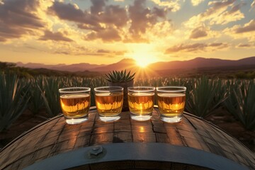 Tequila shots on barrel at sunset in agave field offer a taste of Mexico and Cinco de mayo spirit. Celebrate with an authentic drink, perfect advertisement
