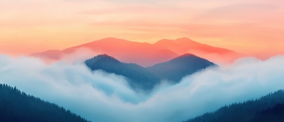 Obraz premium Serene Mountains at Dawn, Soft Colors and Misty Vistas, Nature's Tranquility and Beauty
