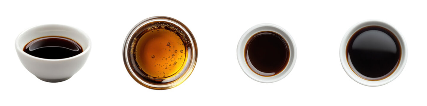 Assortment of soy sauce, balsamic vinegar and honey.