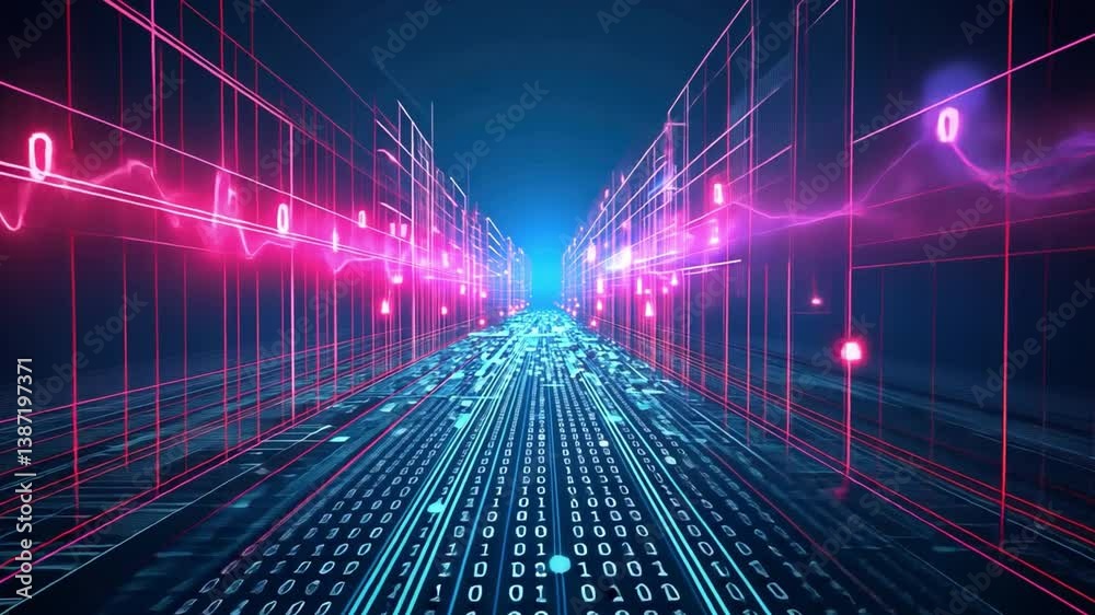 Poster futuristic digital landscape vibrant neon lines and binary code showcasing technology, innovation, a