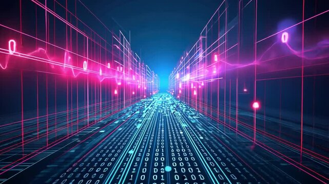Futuristic Digital Landscape Vibrant Neon Lines and Binary Code Showcasing Technology, Innovation, and Data Computing in Depth Defying Scene