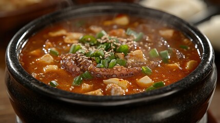 Spicy seafood stew in a dark pot