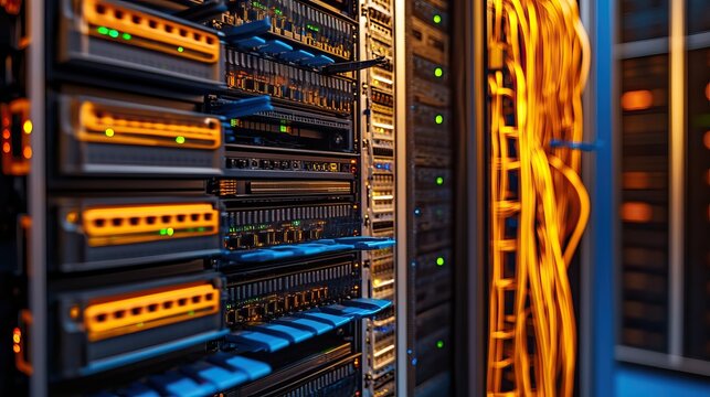 Server rack room, cables, technology, data center