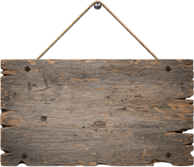 Rustic wooden sign, gray-brown tones, hanging from rope, isolated on a transparent background, png image, blank space for text, ideal for rustic design, mockup