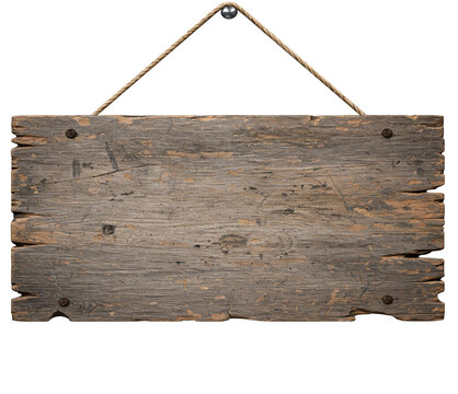 Rustic wooden sign, gray-brown tones, hanging from rope, isolated on a transparent background, png image, blank space for text, ideal for rustic design, mockup