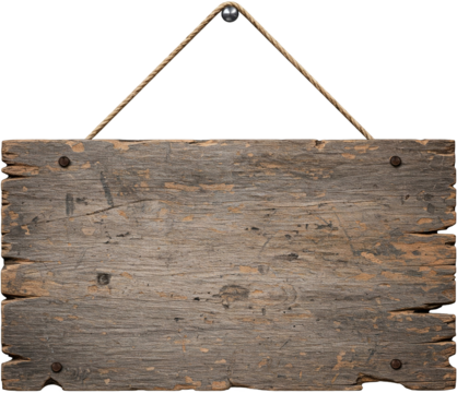 Rustic wooden sign, gray-brown tones, hanging from rope, isolated on a transparent background, png image, blank space for text, ideal for rustic design, mockup