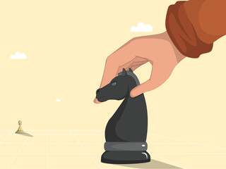 Business concept of Tactical Planning and Chess Strategy with Black Knight vs White Pawn.