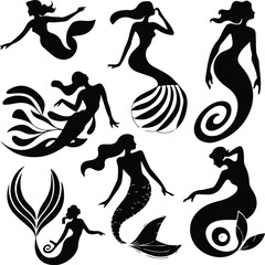 Mermaid Silhouette Set | Fantasy Sea Girl Vector Collection