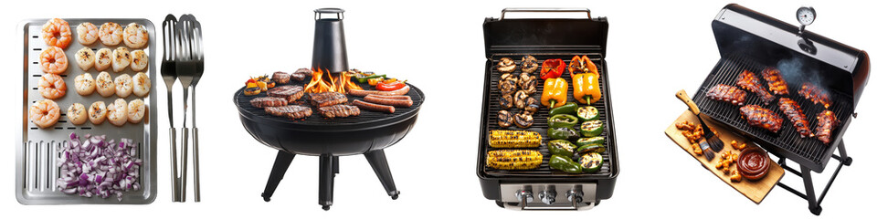 Grilling variety seafood, meat, vegetables.