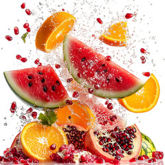 Glass Filled with Watermelon Oranges Pomegranate Slices Isolated on Transparent Background