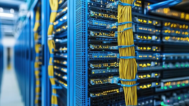 Server racks, network cables, data center,  lit equipment