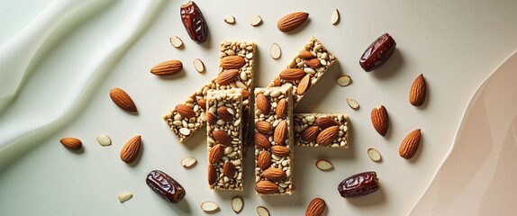 Vegan protein bars with almonds and dates on a pastel background showcasing healthy snacking options