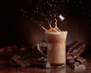 Pieces of bitter chocolate fall in glass mug with cocoa drink.