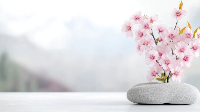 A delicate branch of light pink cherry blossoms sits in a gray stone vase. The simple composition features a blurred, tranquil background. The image is high-quality, softly lit, and exhibits a seren