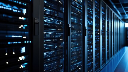 Server room, dark, rows of technology, lights