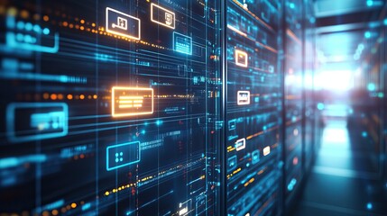 Server room, digital interface, glowing data, hallway background