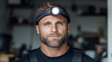 Focused handyman wearing headlamp