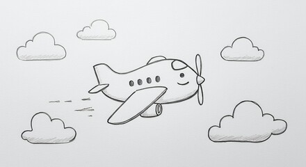 Airplane Flying Through Clouds Childlike Sketch Illustration for Kids