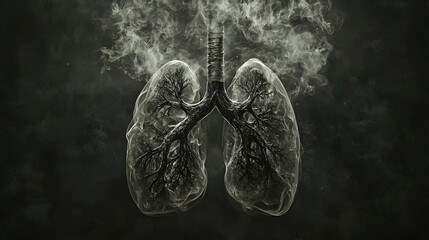 Artistic Representation of Human Lungs Surrounded by Smoke on a Dark Background