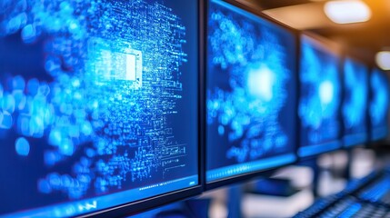Server Room Monitors Showing Data Flow