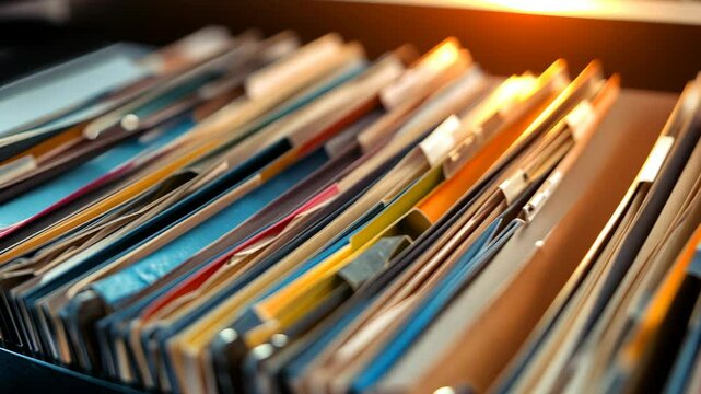 Close-up of organized files in a drawer with multicolored folders and tabs for managing paperwork in office setting