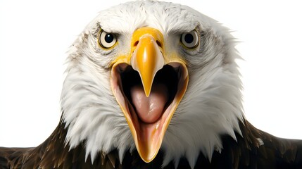 Obraz premium Close-Up Portrait of a Bald Eagle Screaming with Powerful Expression Against a White Background