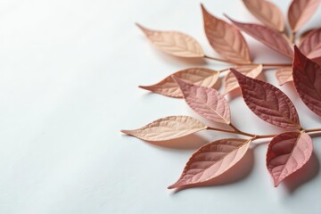 Close-up of delicate decorative leaves on white paper background, pattern, minimal, leaves