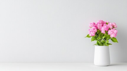 A white vase filled with vibrant pink flowers standing on a minimalist white surface, simple and elegant interior decor, and bright and fresh composition.