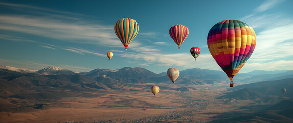 Fototapeta premium Colorful Hot Air Balloons Floating Over Vast Scenic Valley with Open Space for Headline