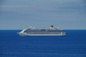 Mega family cruiseship cruise ship liner Pacifica anchored offshore of Civitavecchia Rome, Italy...