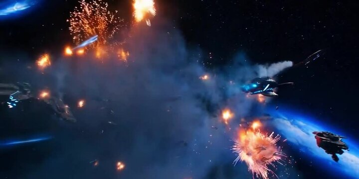 Chaotic space battle, massive armored ships, fiery orange explosions, blue energy blasts, damaged central vessel sparking. Agile crafts maneuvering, dark space lit, warfare, destruction, galactic war.