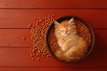 Adorable Ginger Kitten Sleeping Peacefully in Bowl Surrounded by Cat Food on Wooden Floor