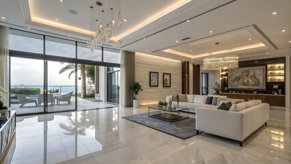 Luxury living room interior design with modern sofa and ocean view in a beautiful home decor setting