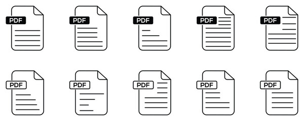 PDF file format icons set, PDF file download symbols, Format for texts, images, vector illustration.