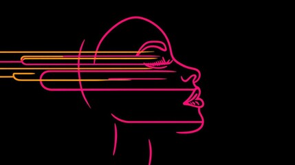 Fototapeta premium Abstract Neon Line Art of Woman's Profile with Futuristic Elements on Black Background