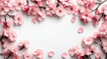 Pink blossoms, frame, white space, floral.