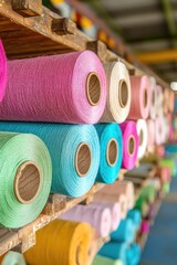 Colorful Textile Yarn Spools in a Brightly Lit Workshop - Vibrant Threads Display