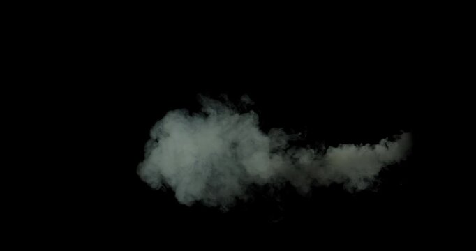 Smoke animation on a black background. Smoke, steam, explosion, fire, puff, steady vapors. Realistic abstract white smoke cloud from up and button with floating fog. Best for using in composition.