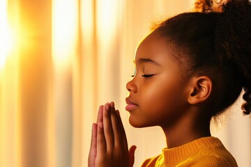 Serene Child in Prayer: Young Girl Meditating at Sunset with Peaceful Expression and Closed Eyes
