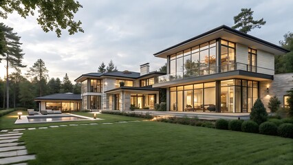Fototapeta premium Luxury modern house design with pool and garden architecture real estate home exterior residential property