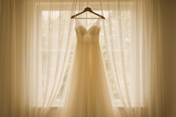 Elegant Wedding Dress Hanging Near Window With Sheer Curtains During Soft Morning Light