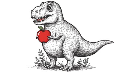 Adorable T-Rex Holding an Apple: Hand-Drawn Illustration AI Generated