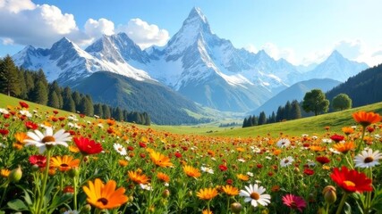 Fototapeta premium Blooming alpine meadow with colorful wildflowers beneath snowy mountain peaks.