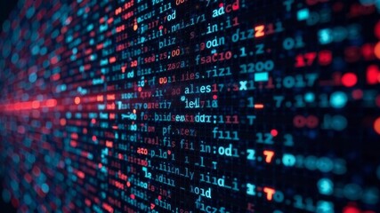 Abstract red and blue digital code on dark background representing cybersecurity.