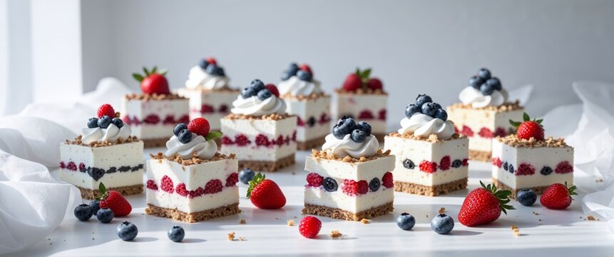 Delectable layered dessert treats with berries and whipped cream.