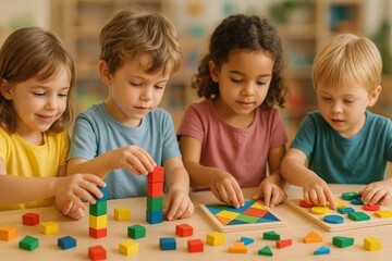 Fototapeta premium Children Engaging in Creative Play With Colorful Blocks and Puzzles at a Learning Center