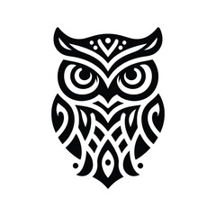 Stylized Owl Illustration with Tribal Design Elements in Black and White