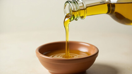Olive oil flow. Olive oil flowing from a bottle into a small bowl, creating ripples. Natural oil.