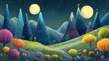 A magical children s tale set in a vibrant landscape of fantasy mountains and whimsical trees