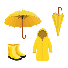 Yellow rain coat, umbrella and rubber boots